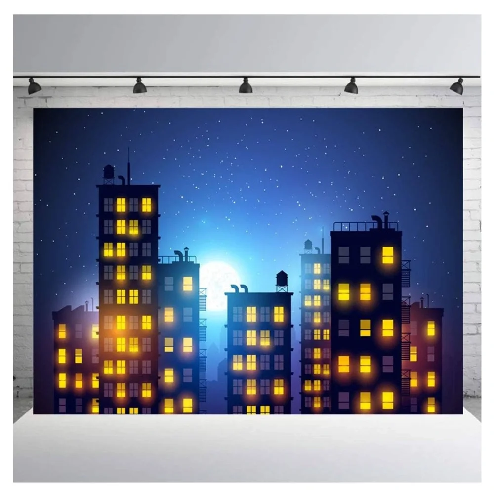 Super Hero / City Backdrop #3, 10 x 7, Starry Sky Super Hero City Decor Banner
